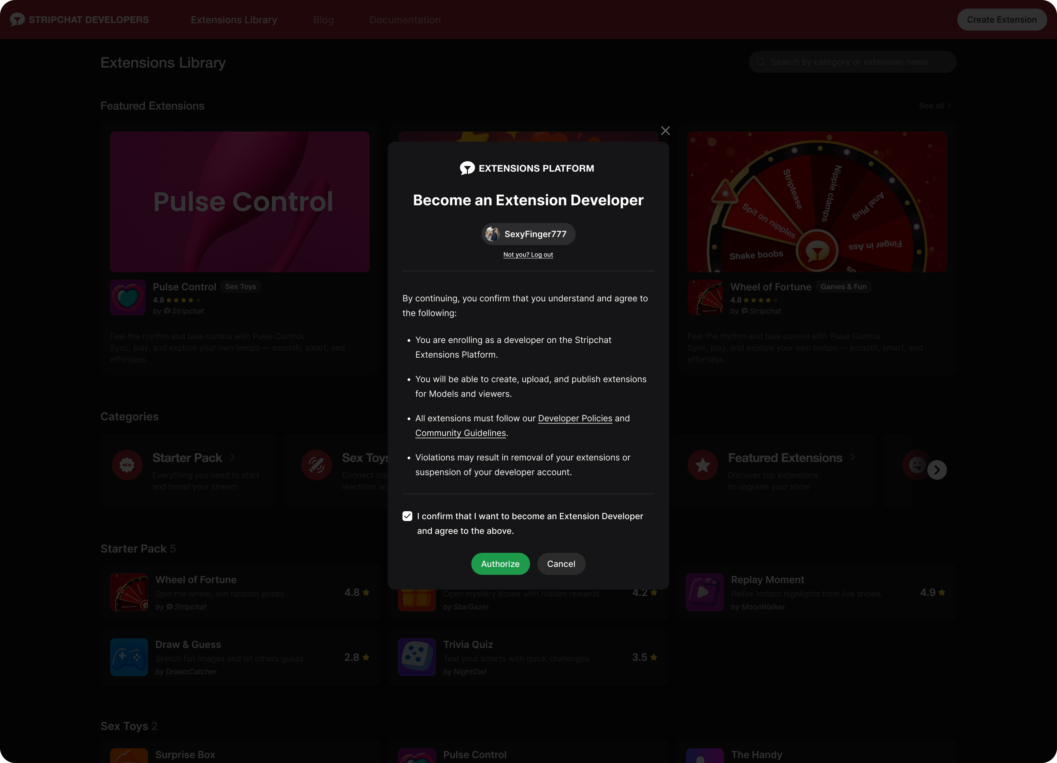 "Become an Extension Developer" authorization modal