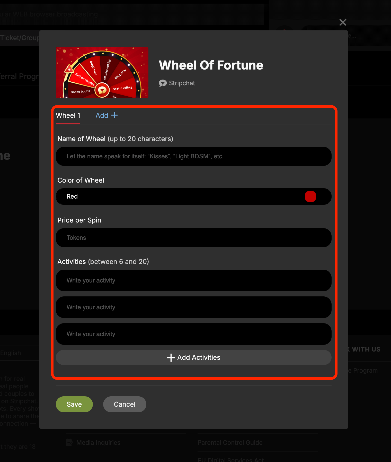 Settings form example (Wheel of Fortune)